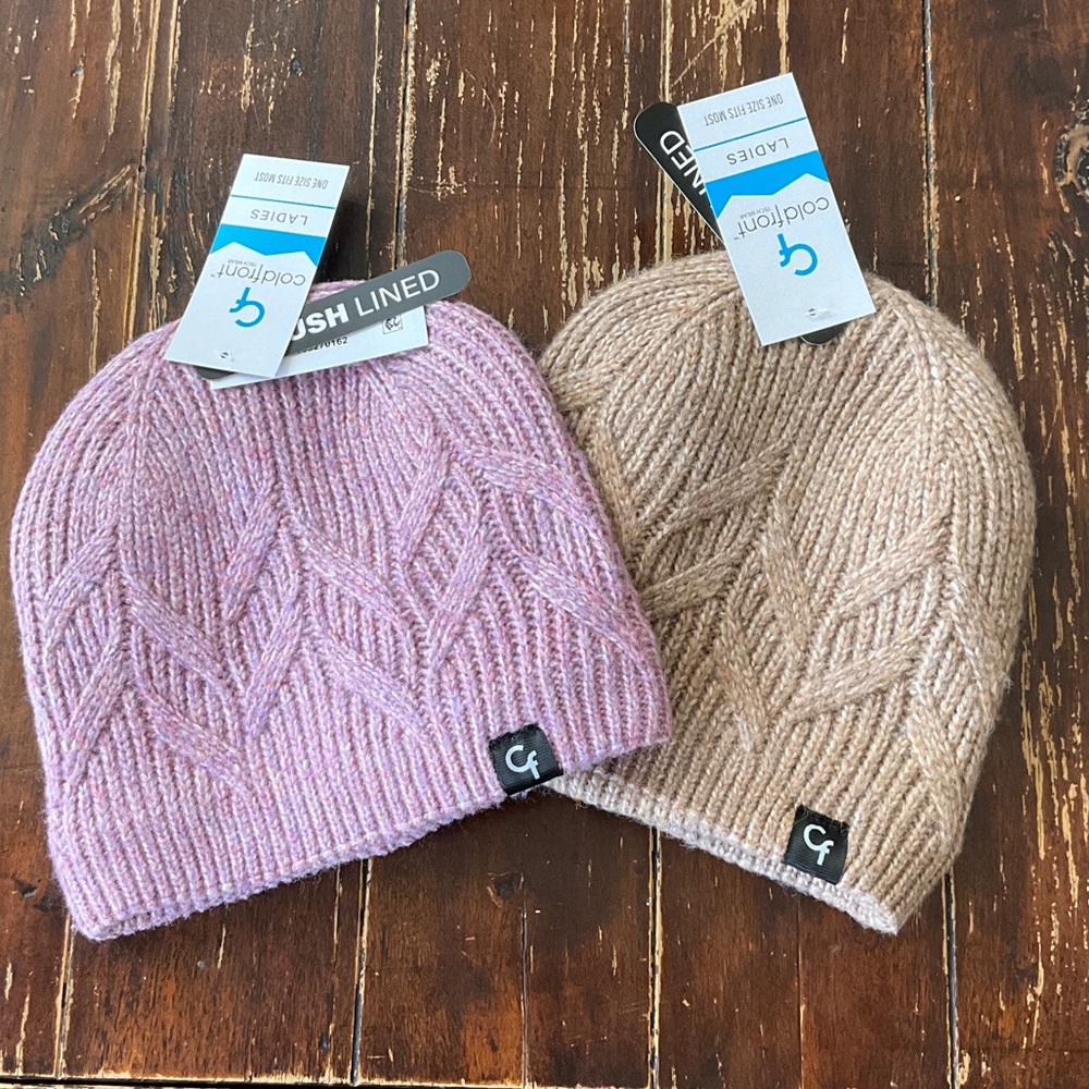 Ladies Cable Knit Beanie - Pink and Tan